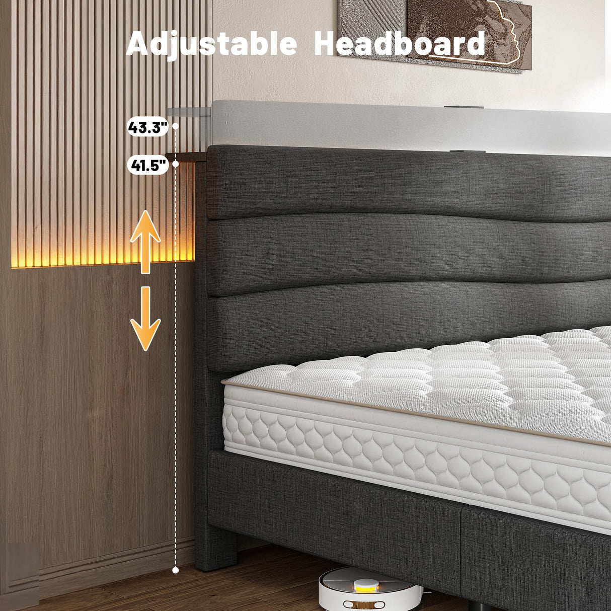 EnHomee King Size Bed Frame with Fabric Upholstered Headboard, King Bed Frame with Storage Headboard and Charging Station, Wooden Slats Support, No Noise, No Box Spring Needed, Easy Assembly, Grey EnHomee