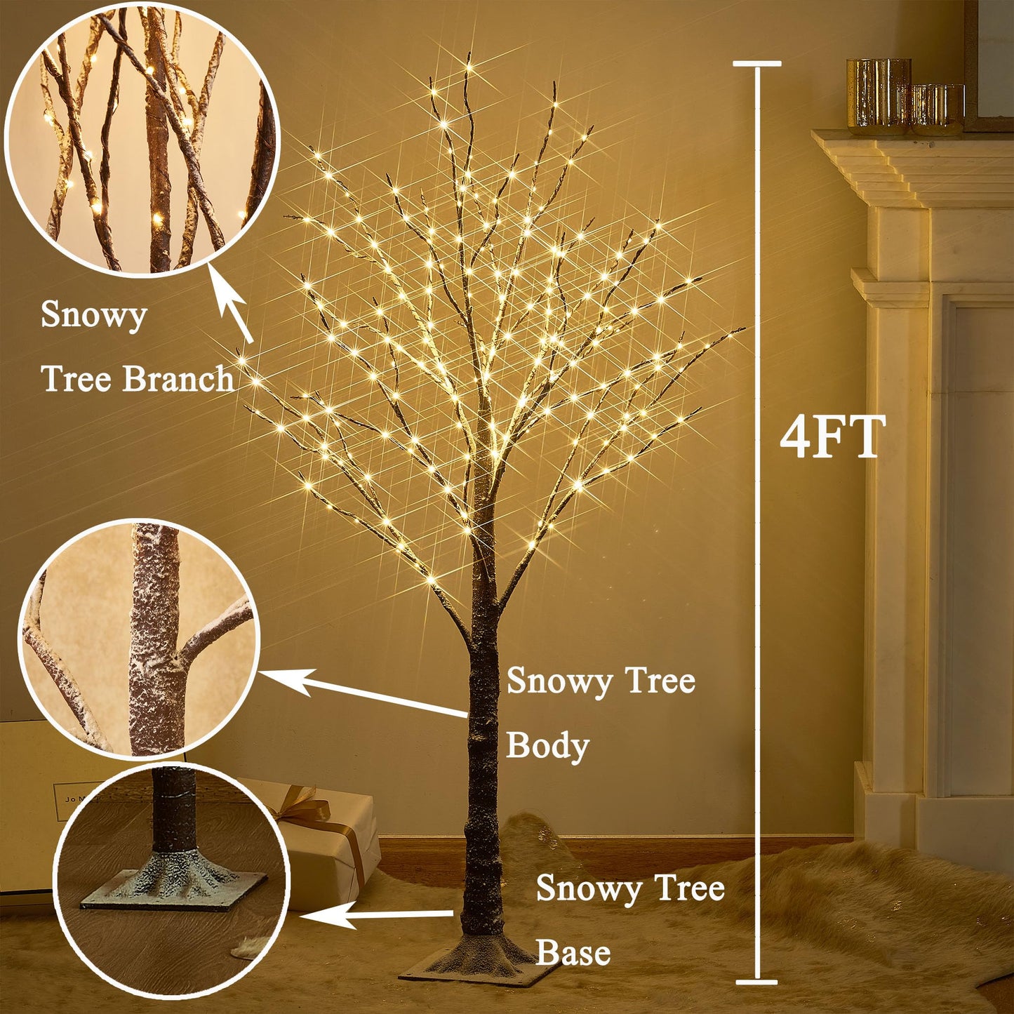 Hairui Lighted Snow Dusted Twig Tree with 200 LED Fairy Lights 4FT for Indoor Outdoor Home Thanksgiving Christmas Holiday Decoration