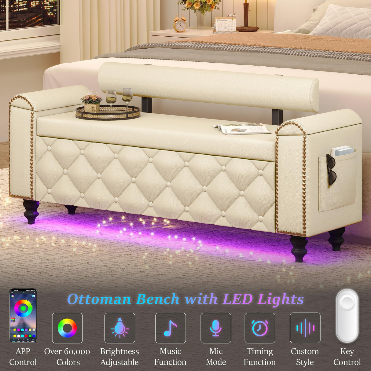 BYSAUD 51" Storage Bench, End of Bed Bench with LED Lights & Curved Arm, Upholstered Ottoman Bench with Storage, Bedroom Bench with Tufted Button & Nailhead Trim for Living Room Entryway, Beige BYSAUD