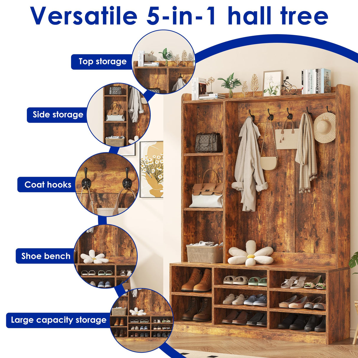 Nosepen Hall Tree with Bench and Shoe Storage, 5-in-1 Entryway Storage Bench, Shoe Rack with Coat Rack, 8 Shoe Cubbies & 5 Coat Hooks, Adjustable Shelf, Top and Side Storage, Rustic Brown Nosepen