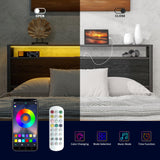 HOJINLINERO Full Size Bed Frame with Storage Headboard/LED Lights,Metal Bed Frame Full Size with Charging Station,Platform Bed Frame Full Size No Box Spring Needed,Heavy Duty Metal Slats Support,Black HOJINLINERO