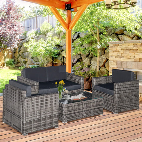 Outsunny 4 Piece Wicker Patio Furniture Set with Cushions, Outdoor Sectional Furniture with 2 Sofa, Loveseat, and Glass Top Coffee Table, Conversation Sofa Sets for Garden, Black Outsunny