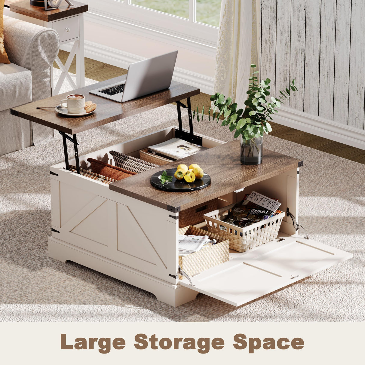 ChooChoo Farmhouse Coffee Table with Hidden Storage, Large Square Center Coffee Table with Lifting Top and Flip Drawer, Wood Rustic Cocktail Coffee Table for Living Room, Soft White ChooChoo