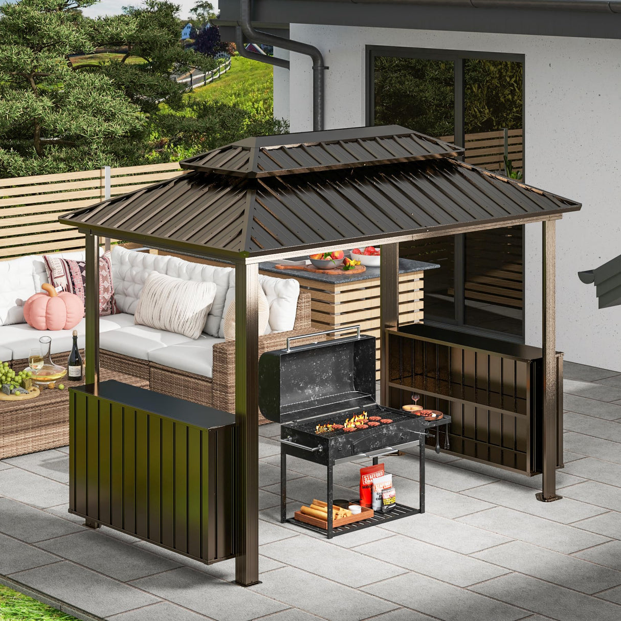 Domi 6x10FT Hardtop Grill Gazebo, BBQ Gazebo with Double Galvanized Steel Roof, 2 Storage Cabinets and Ceiling Hooks, Outdoor Grill Shelter for Backyard, Lawn and Garden(Brown) domi outdoor living