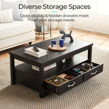 LINSY HOME Farmhouse Coffee Table with Storage, Wood Coffee Table for Living Room, Open Display Area and Storage Drawers with Metal Handles, Chic Style with Curved Base, Black LINSY HOME