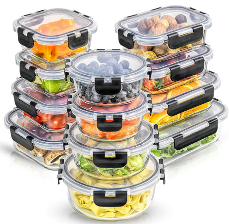JoyJolt JoyFul 24pc(12 Airtight, Freezer Safe Food Storage Containers and 12 Lids), Pantry Kitchen Storage Containers, Glass Meal Prep Container for Lunch, Glass Storage Containers with Lids JoyJolt