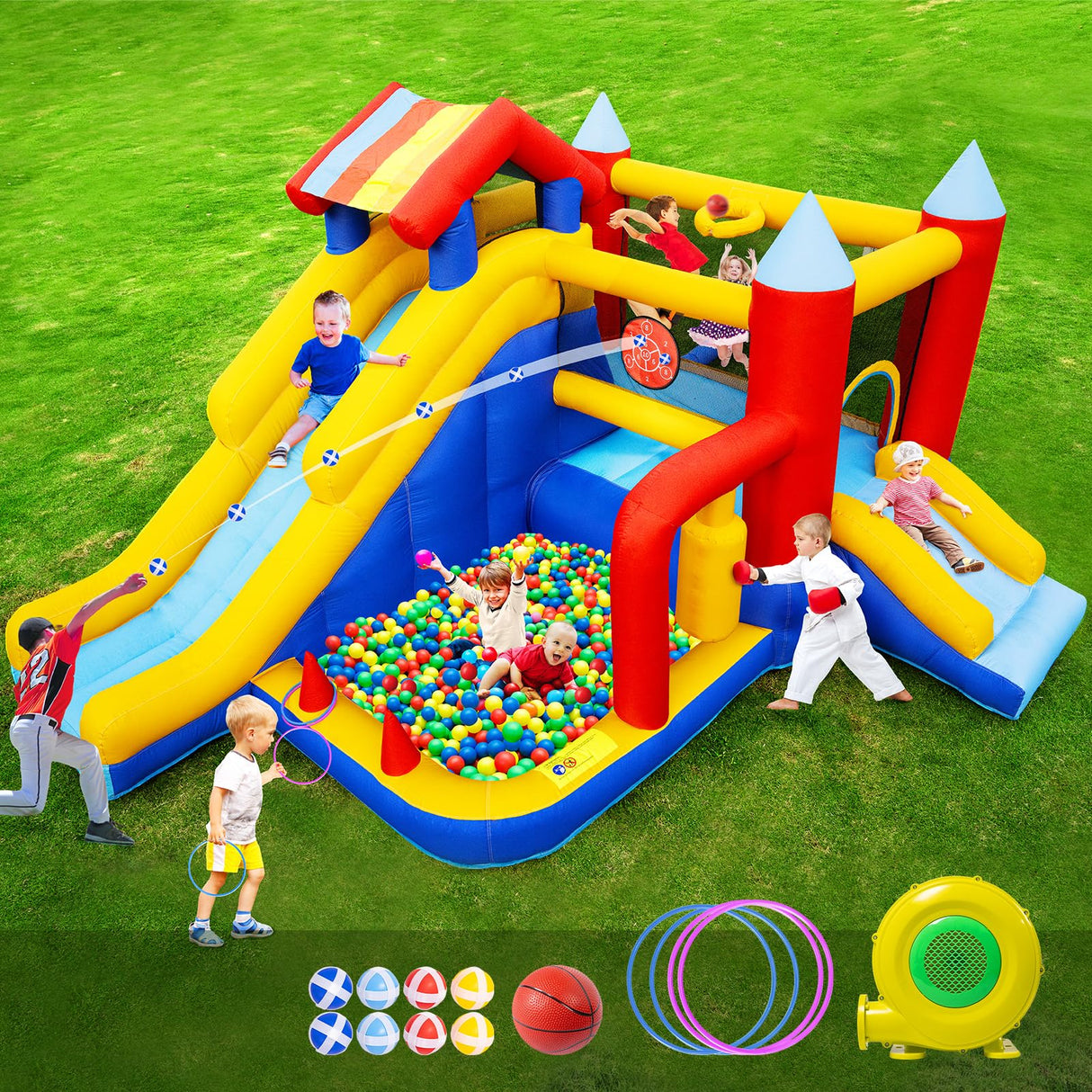 Inflatable Bounce House for Kids Outdoor 9 in 1 Large Bounce Castle for Toddlers Indoor Backyard Big Jump Bouncy House with Blower, Two Slide, Ball Pit, Basketball, Boxing, Climbing, 11.38x10.2FT AONESY