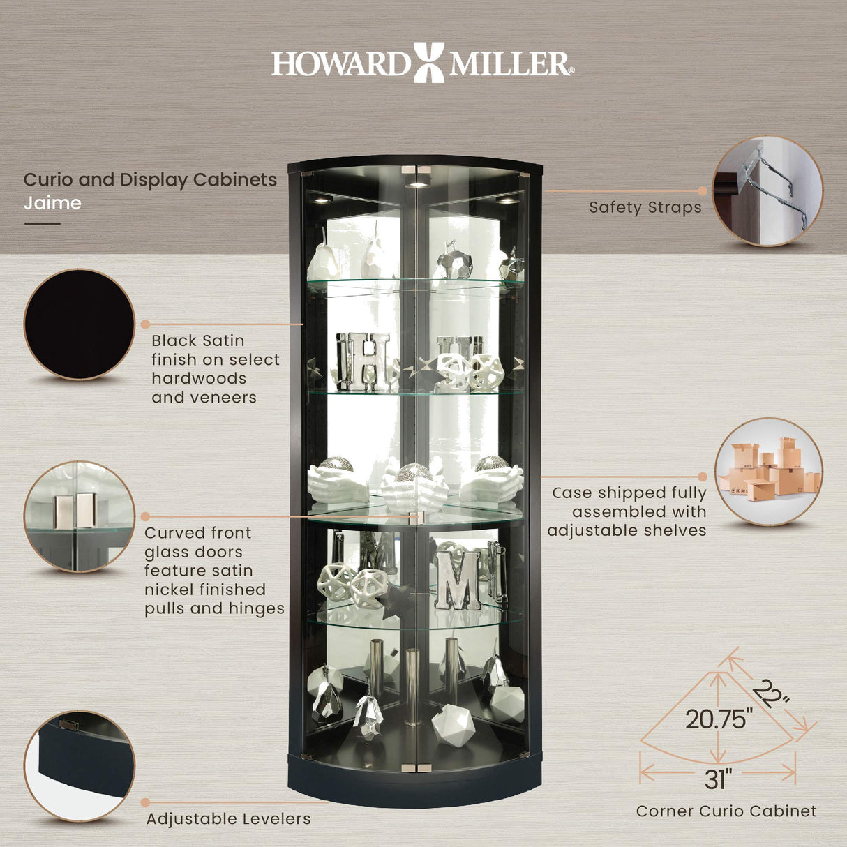 Howard Miller Jaime Curio Cabinet - Floor Mount Showcase Black Finish Adjustable Shelves & Levelers Illuminated Interior Lightning Perfect for Living Room Office and Room Decor Howard Miller