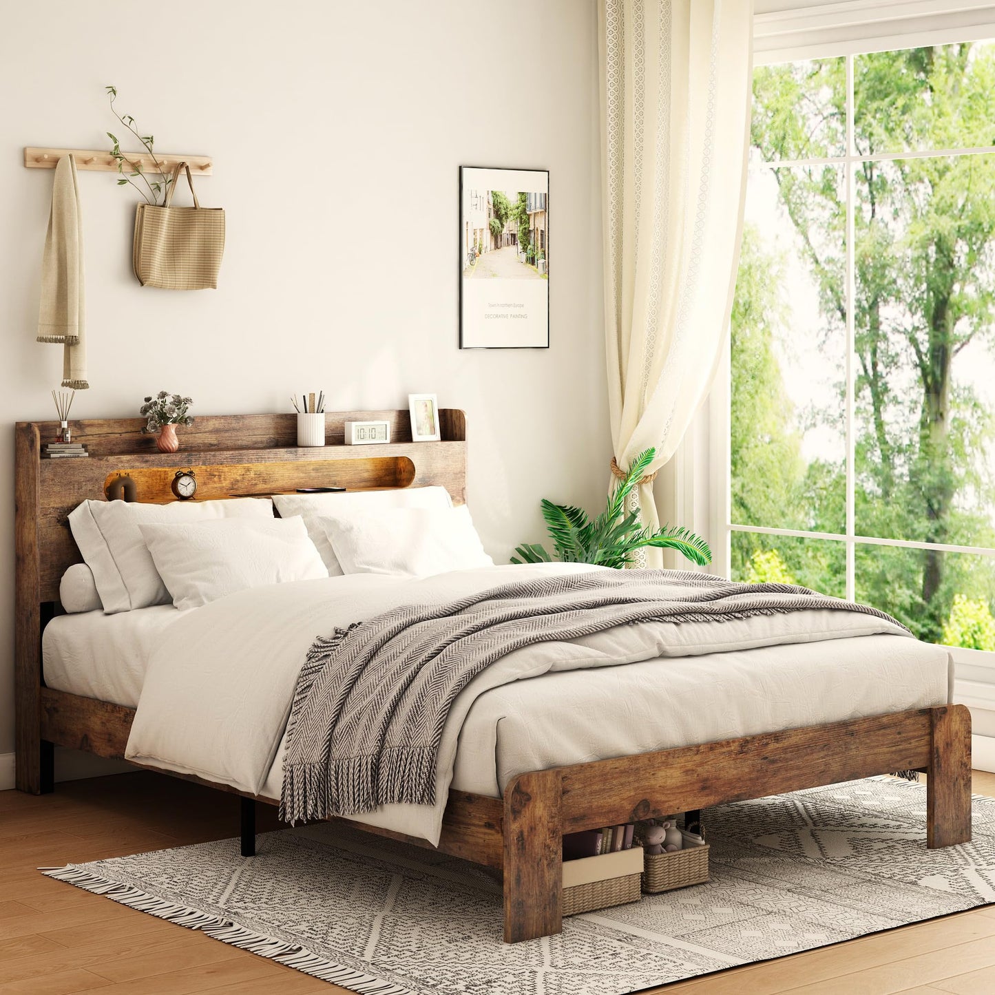 SAMTRA King Size Wooden Bed Frame with Adjustable LED Headboard and Storage Solutions - WoodArtSupply