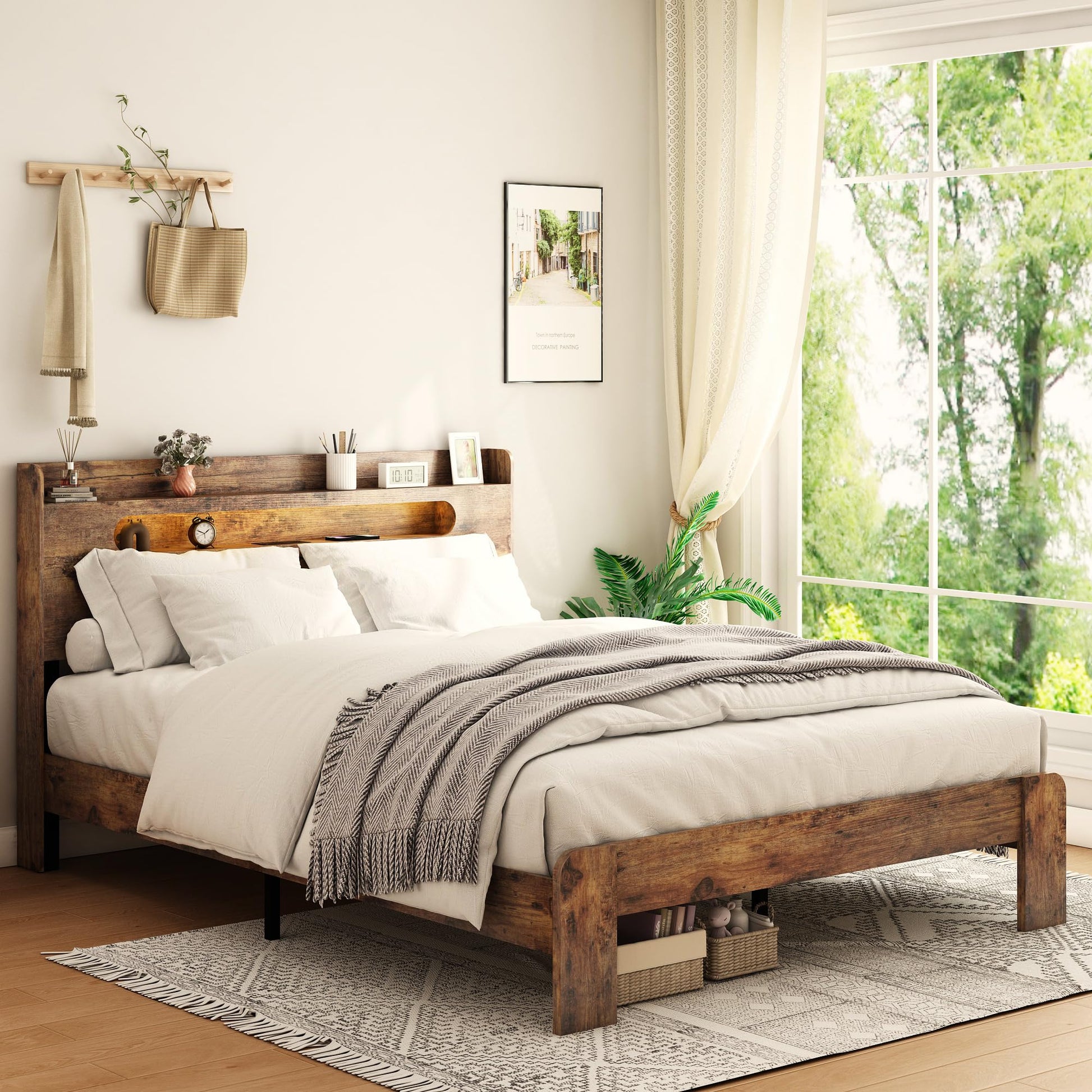 SAMTRA Rustic Farmhouse Full Size Bed Frame with Storage Headboard, Charging Station & Adjustable LED Lights - WoodArtSupply