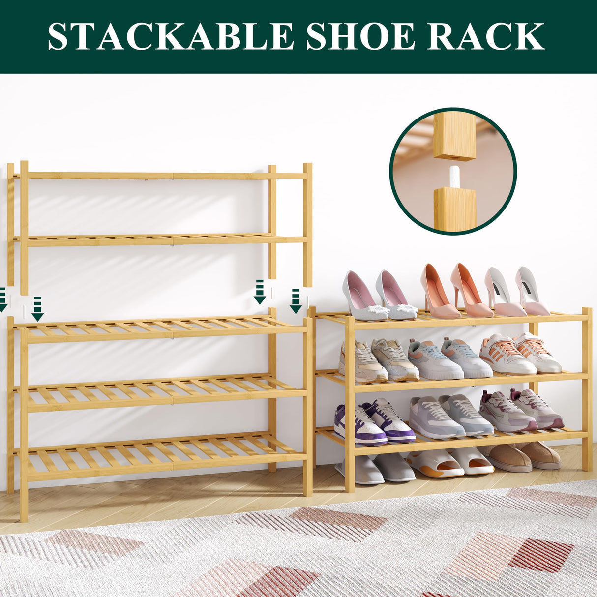 Smiry Bamboo Shoe Rack for Closet, 3 Tier Wooden Stackable Shoe Organizer, Free Standing Shoes Storage Shelf for Entryway, Front Door Entrance, Natural Smiry