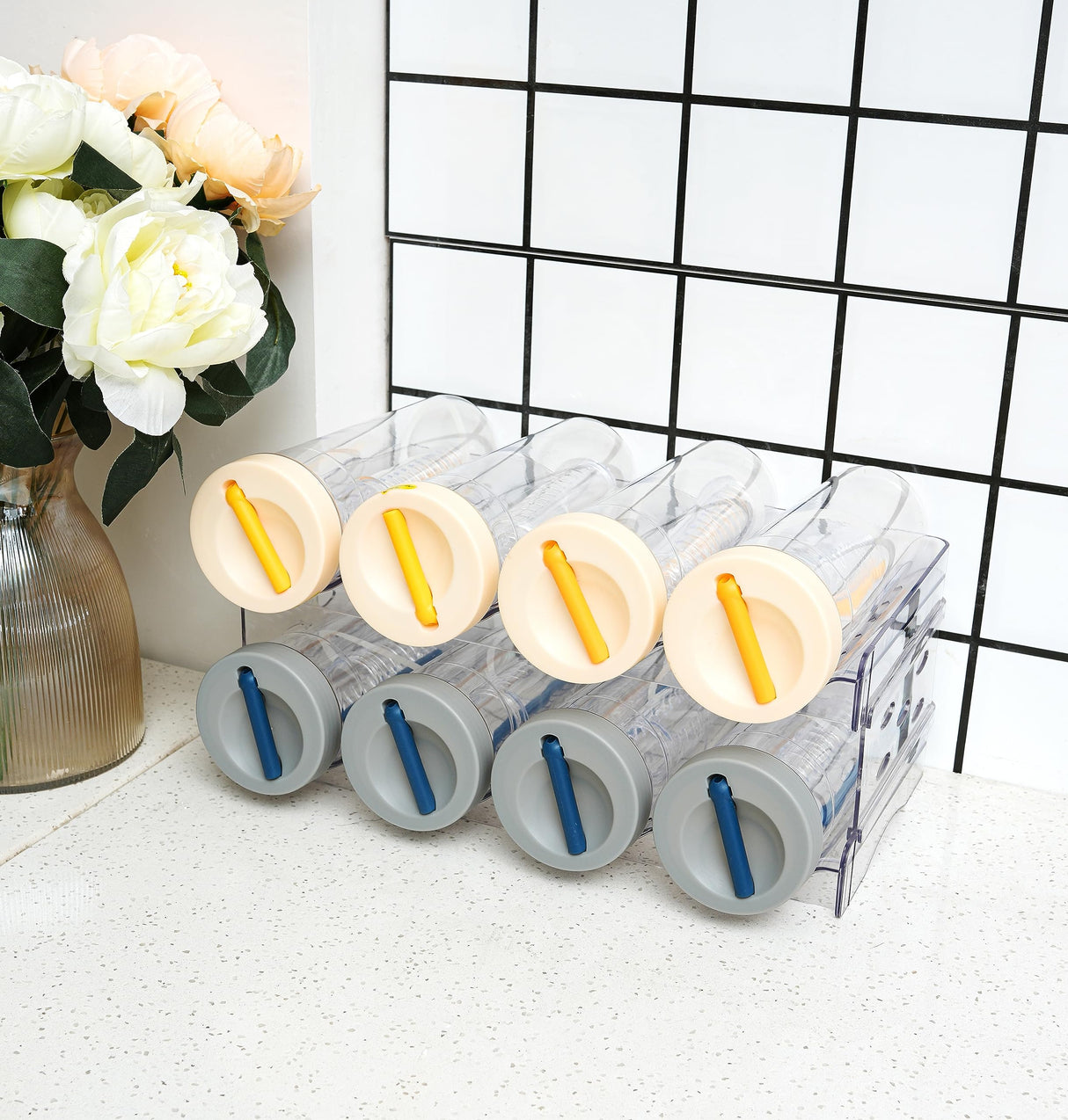 IEEK Plastic Stackable Bottle Storage Holder Rack Holds 16 Bottles,Free-Standing Water Bottle/Wine and Drink Organizer Shelf for Kitchen Cabinet,Fridge,Countertop,Pantry,Freezer,4 PackX4 Bottles,Clear IEEK