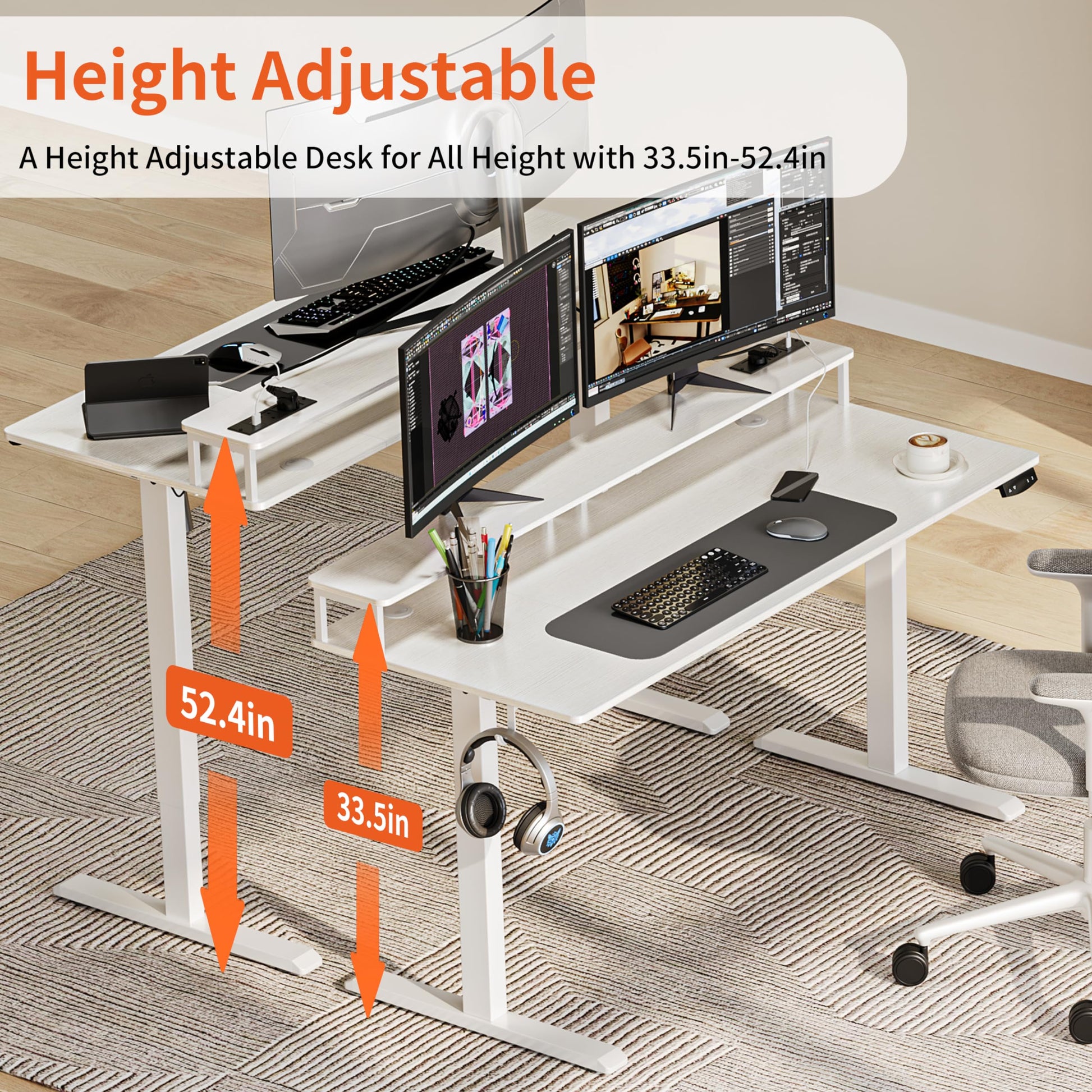 JOISCOPE 48'' Height Adjustable Electric Standing Desk with Display Riser, Power Outlet (3AC, USB, Type-C), Memory Height & Foot Pat, Gaming Study Drafting Sit Stand Desk for Home Office Bedr - WoodArtSupply