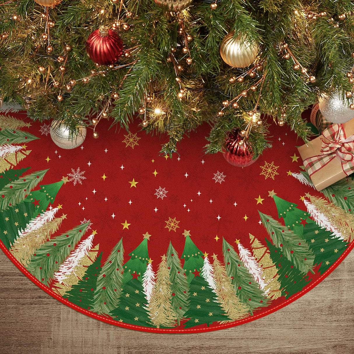 AVOIN colorlife Christmas Star Snowflake Red Christmas Tree Skirt 36 Inch, Fir Pine Spruce Winter Holiday Tree Mat Decoration AVOIN colorlife