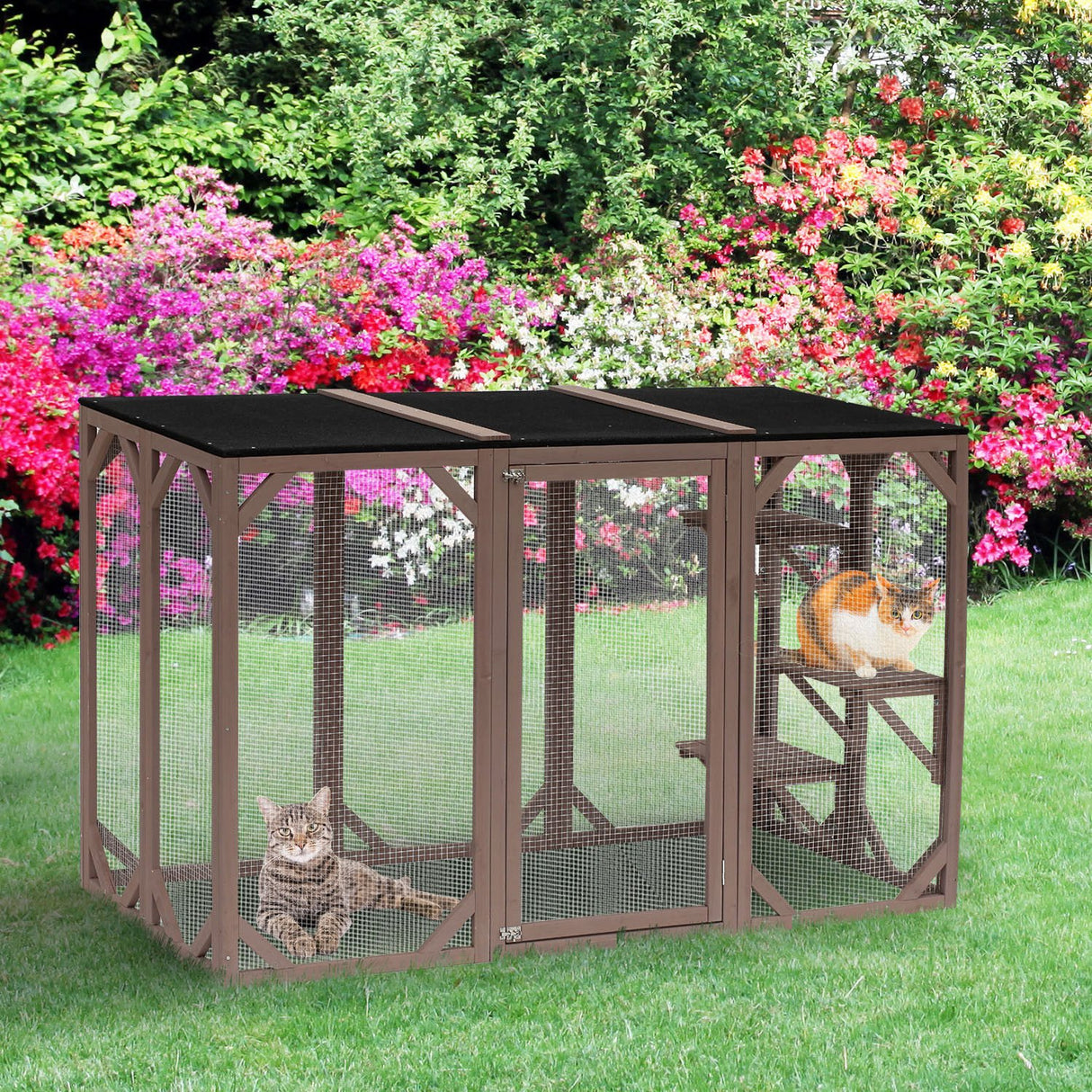 PawHut Outdoor Cat House, Catio Wooden Feral Cat Shelter, Cat Cage with Platforms, Large Enter Door, Weather Protection Asphalt Roof, 71" L, Brown PawHut