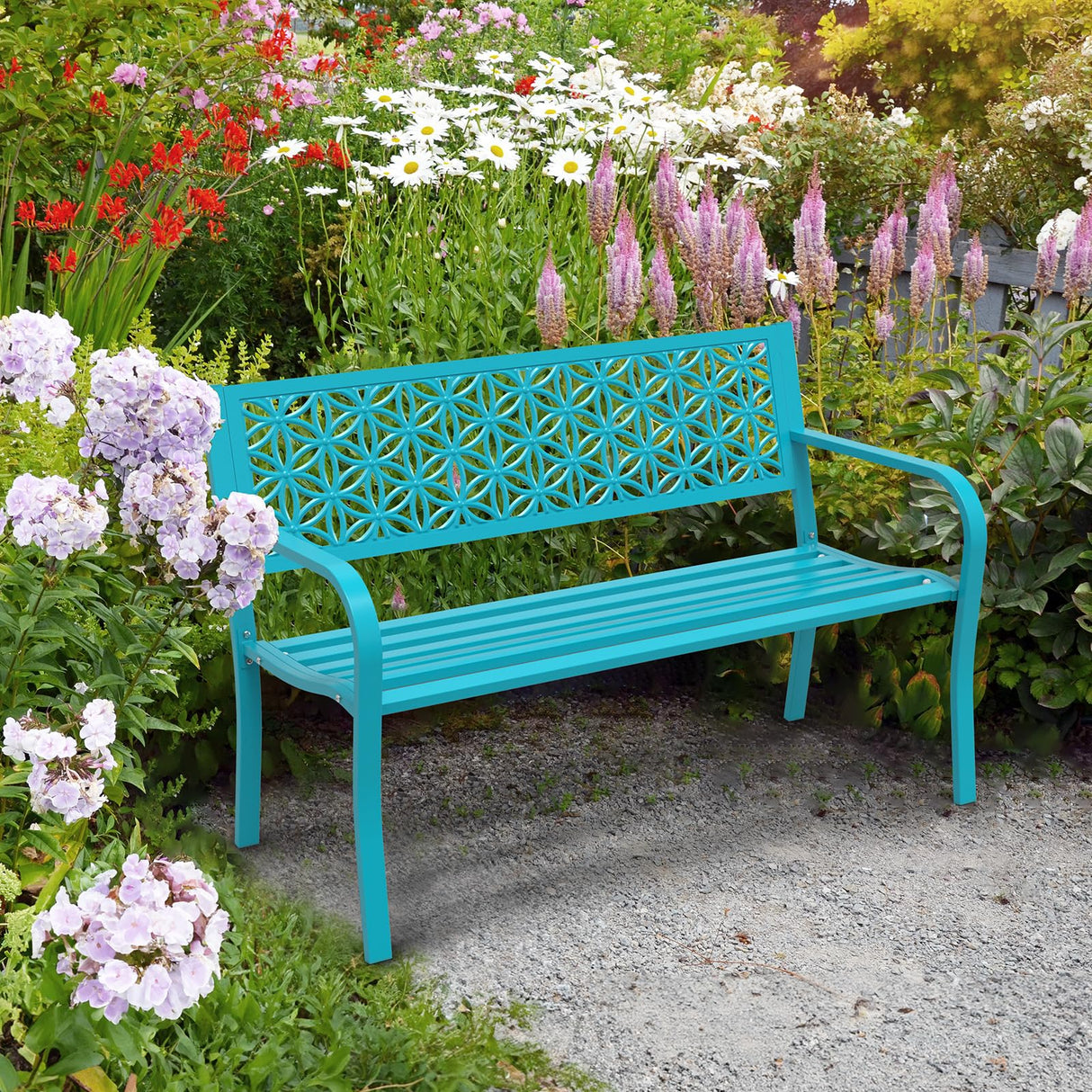 VINGLI 50" Outdoor Bench Metal with Floral Back, Garden Bench Front Porch Benches for Yard Patio Entryway Park, 800lb Capacity - Blue VINGLI