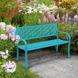 VINGLI 50" Outdoor Bench Metal with Floral Back, Garden Bench Front Porch Benches for Yard Patio Entryway Park, 800lb Capacity - Blue VINGLI