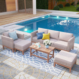 PHI VILLA 5-Piece Patio Wicker Furniture Set, Outdoor Sectional Rattan Cushion Sofa Couch Conversation Set with Ottoman, Acacia Wood Coffee Table for Poolside,Beige PHI VILLA