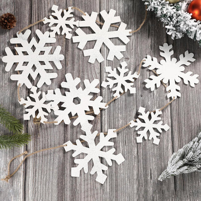 Christmas Decorations-Wooden Small & Big Snowflake Banner for Christmas Decor-Winter White Snowflake Garland for Home Office Party Fireplace Mantle Windows Shelf Farmhouse Decor