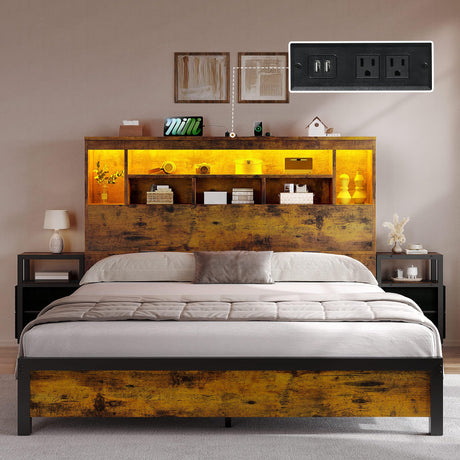 YITAHOME Queen Size Bed Frame with Storage Bookcase Headboard & RGB LED Lights, Slide Out Bedside Storage, Charging Station, Heavy Duty Metal Slats, No Box Spring Needed, Noise-Free, Rustic Brown YITAHOME