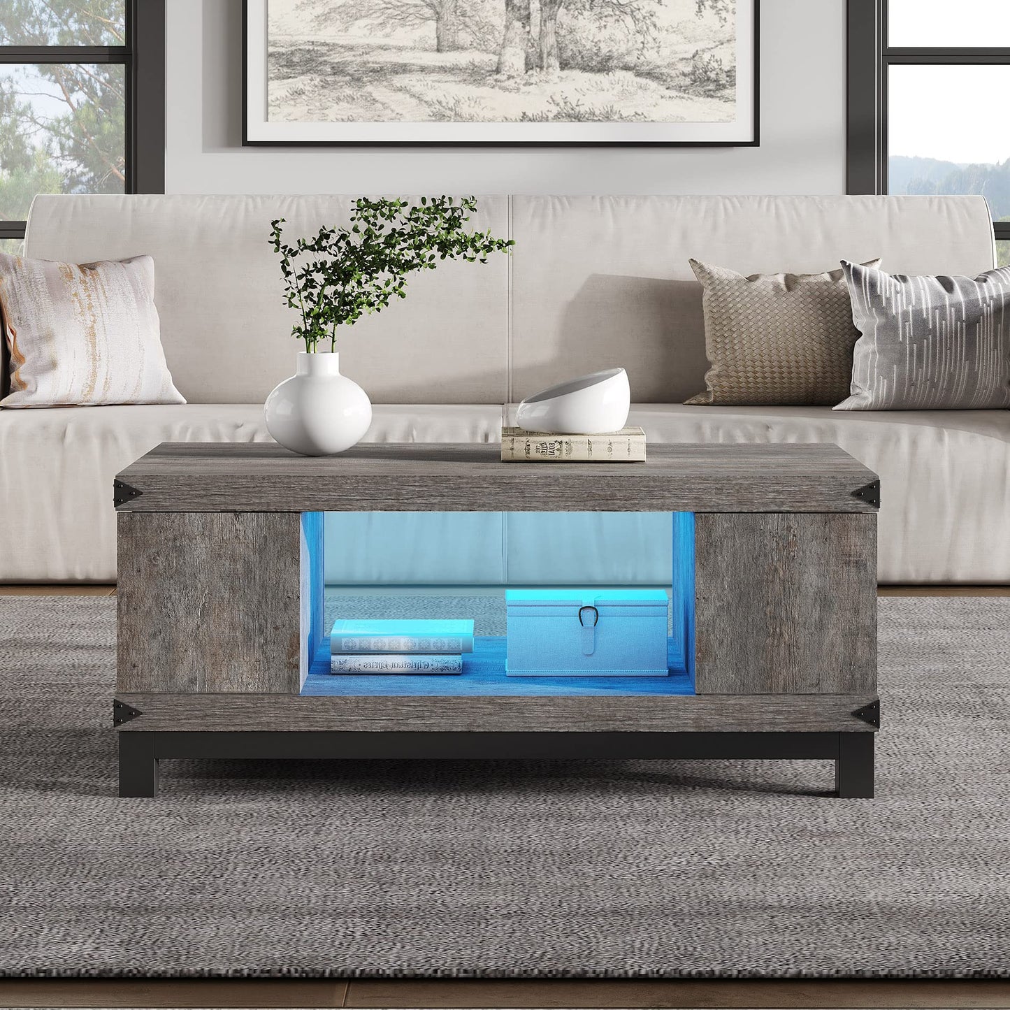 LED Coffee Table with Storage Drawers, Farmhouse Wood Coffee Table for Living Room, Modern Tea Table with Double Storage Shelves, Metal Legs, Grey, 42" - WoodArtSupply