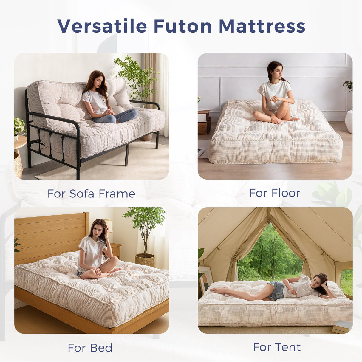 MAXYOYO 8" Futon Mattress Queen Size, Ultra Thick Futons Sofa Couch Bed Tufted Sleeper Sofa Bed, Floor Mattress for Adults, Shredded Foam Filling (Frame Not Included), Beige MAXYOYO