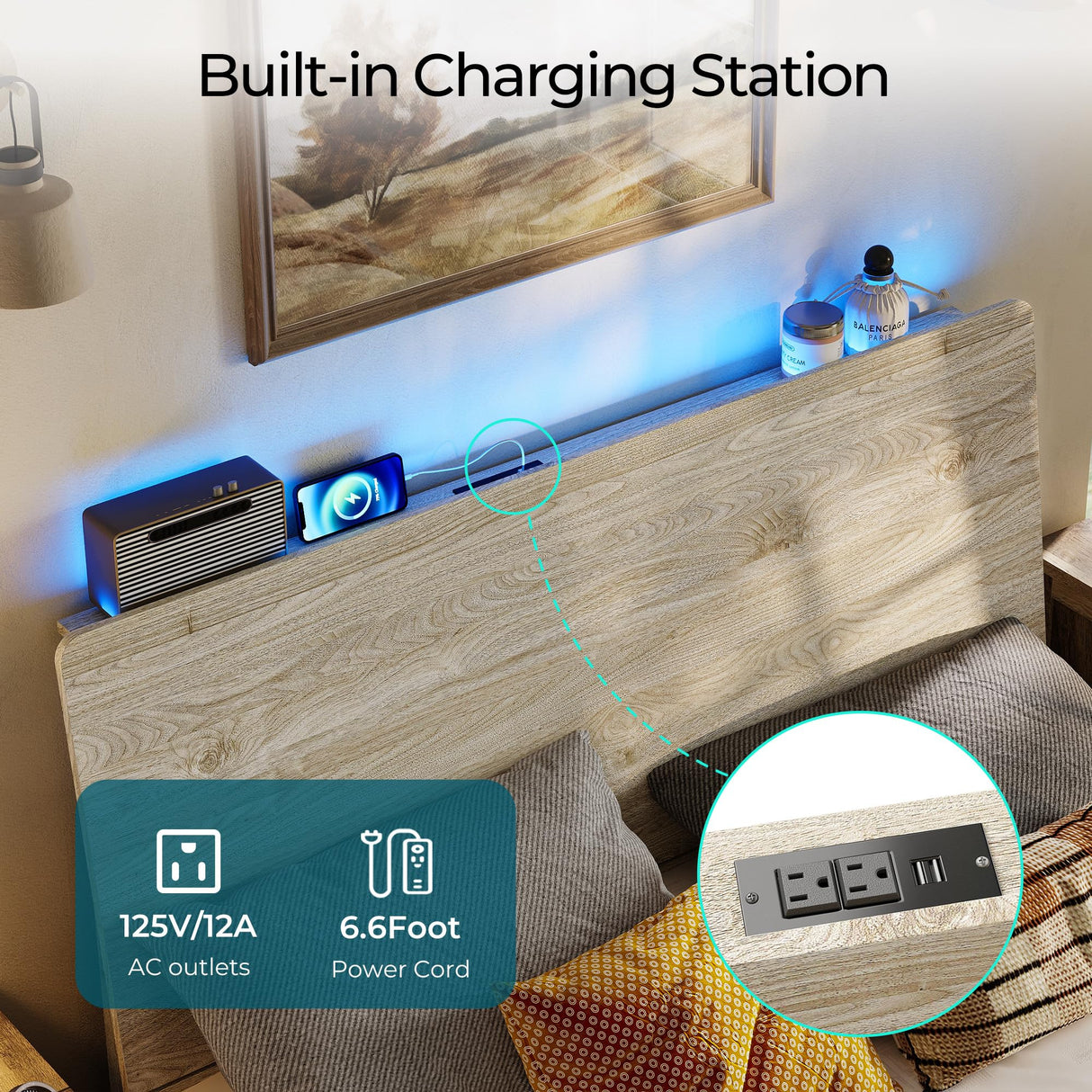 LINSY Full Size Bed Frame Wood with RGB Lights, Outlets, Charger, Farmhouse Wood Bed Frame Full with Ergonomic Headboard, Storage Shelf, Noise-Free, No Box Spring Needed - Beige LINSY