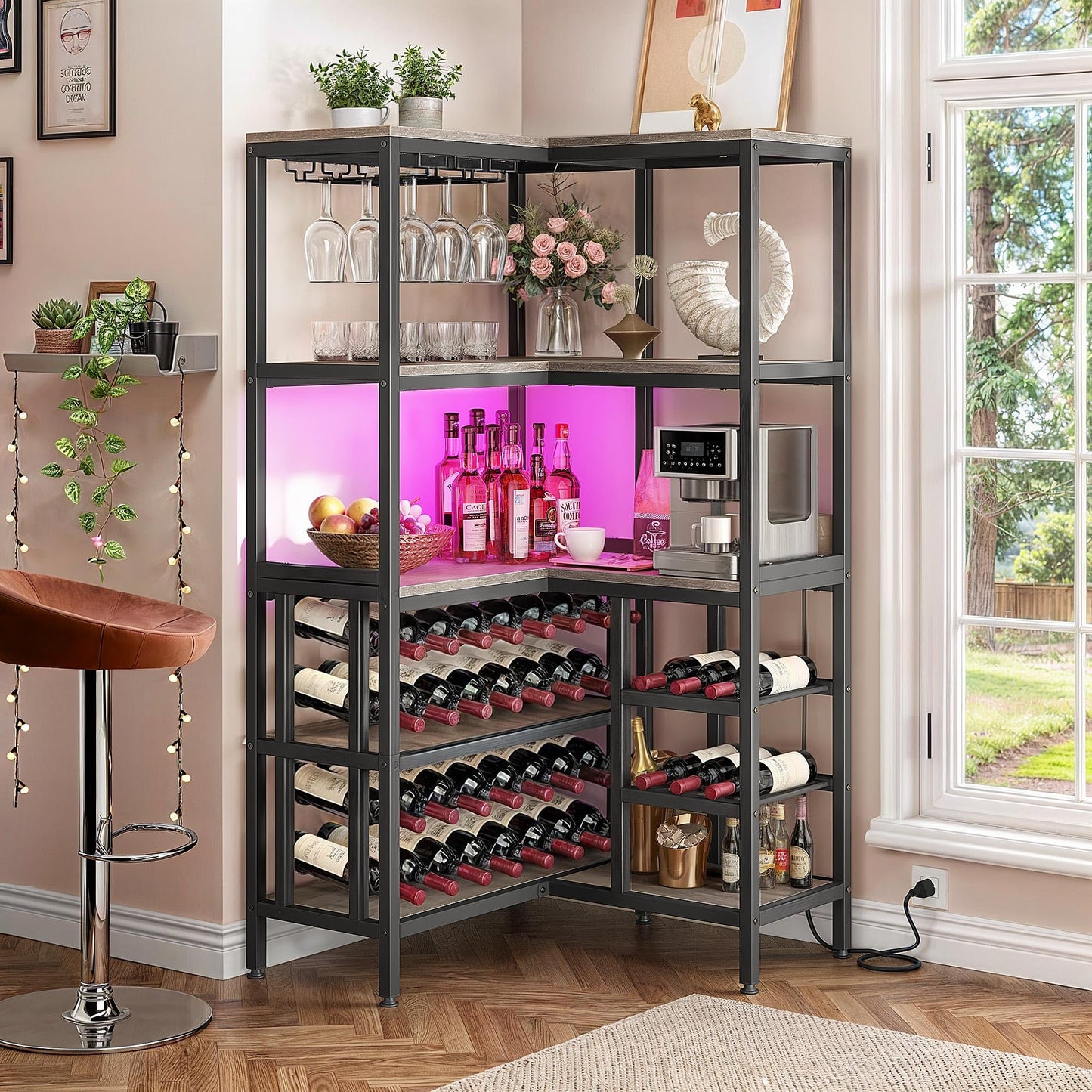 YITAHOME Large Corner Wine Rack, 63'' Corner Bar Cabinet with Power Outlet and LED Light, 5-Tier L Shaped Industrial Liquor Cabinet w/Glass Holder, Corner Open Display Cabinet for Home, Dark  - WoodArtSupply