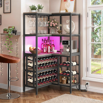 YITAHOME Large Corner Bar Wine Rack Cabinet, 5-Tier L Shaped Industrial Corner Wine Rack Open Display Liquor Storage Cabinet with LED Light and Power Outlet and Glass Holder, Dark Grey