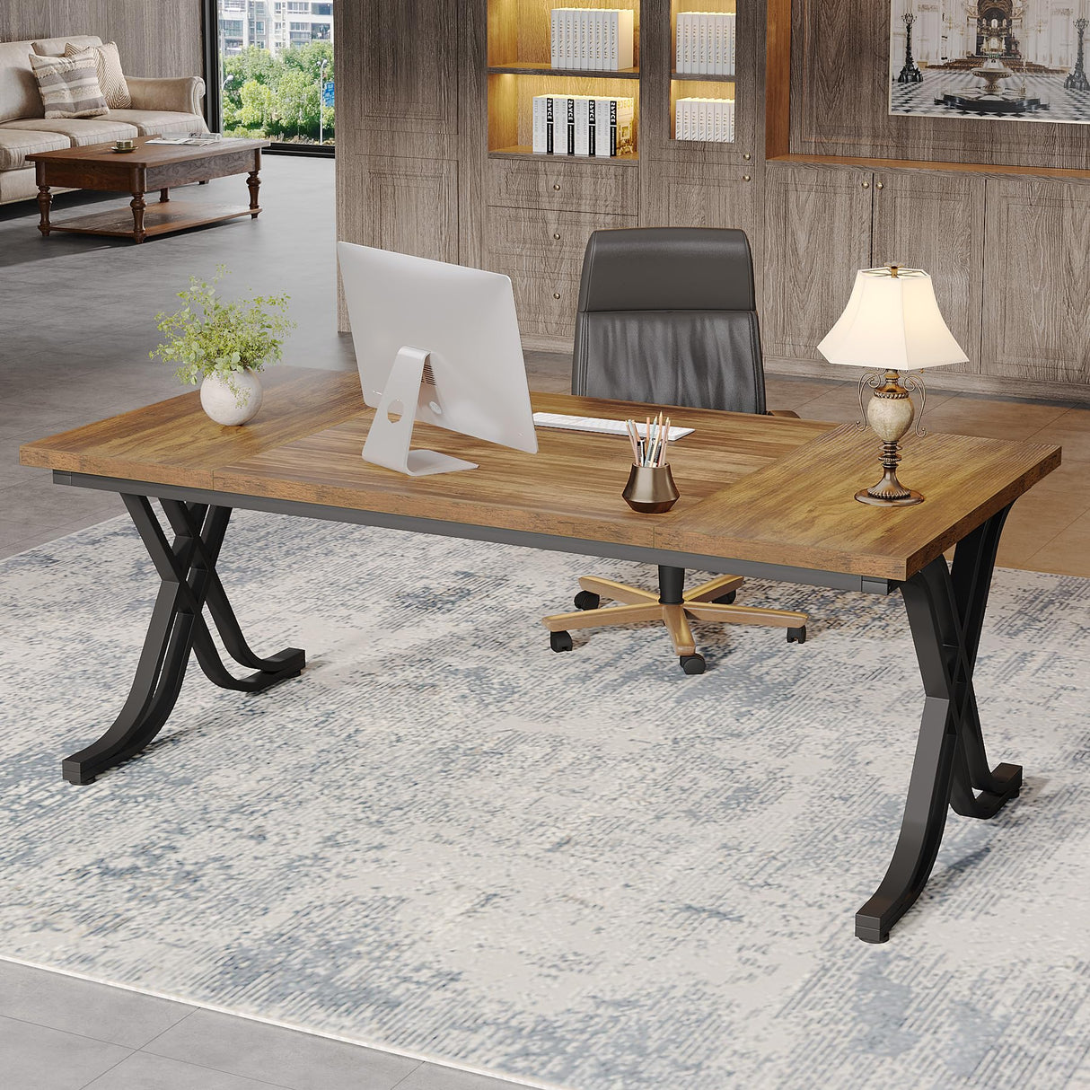 Tribesigns 63 Inch Executive Desk, Large Office Computer Desk with Thick Wooden Tabletop and Metal Frame, Modern Simple Workstation Writing Table Study Desk for Home Office, Rustic Brown Tribesigns