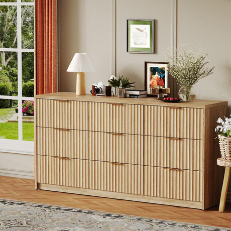 IDEALHOUSE 9 Drawer Dresser for Bedroom, Large Fluted Chest of Drawers, Wood Dressers Storage Organizer, Storage Cabinet for Bedroom Living Room Home Office IDEALHOUSE