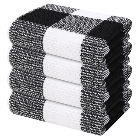 Mordimy 100% Cotton Waffle Weave Kitchen Towels, 13 x 28 Inches, Super Soft and Absorbent Buffalo Check Dish Towels for Drying Dishes, 4-Pack, Black & White Mordimy