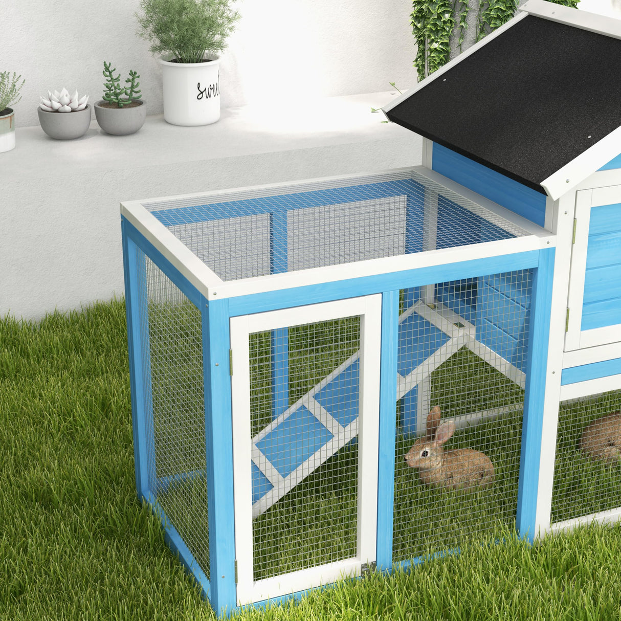 PawHut 48" Wooden Rabbit Hutch Bunny Cage with Waterproof Asphalt Roof, Fun Outdoor Run, Removable Tray and Ramp, Light Blue PawHut