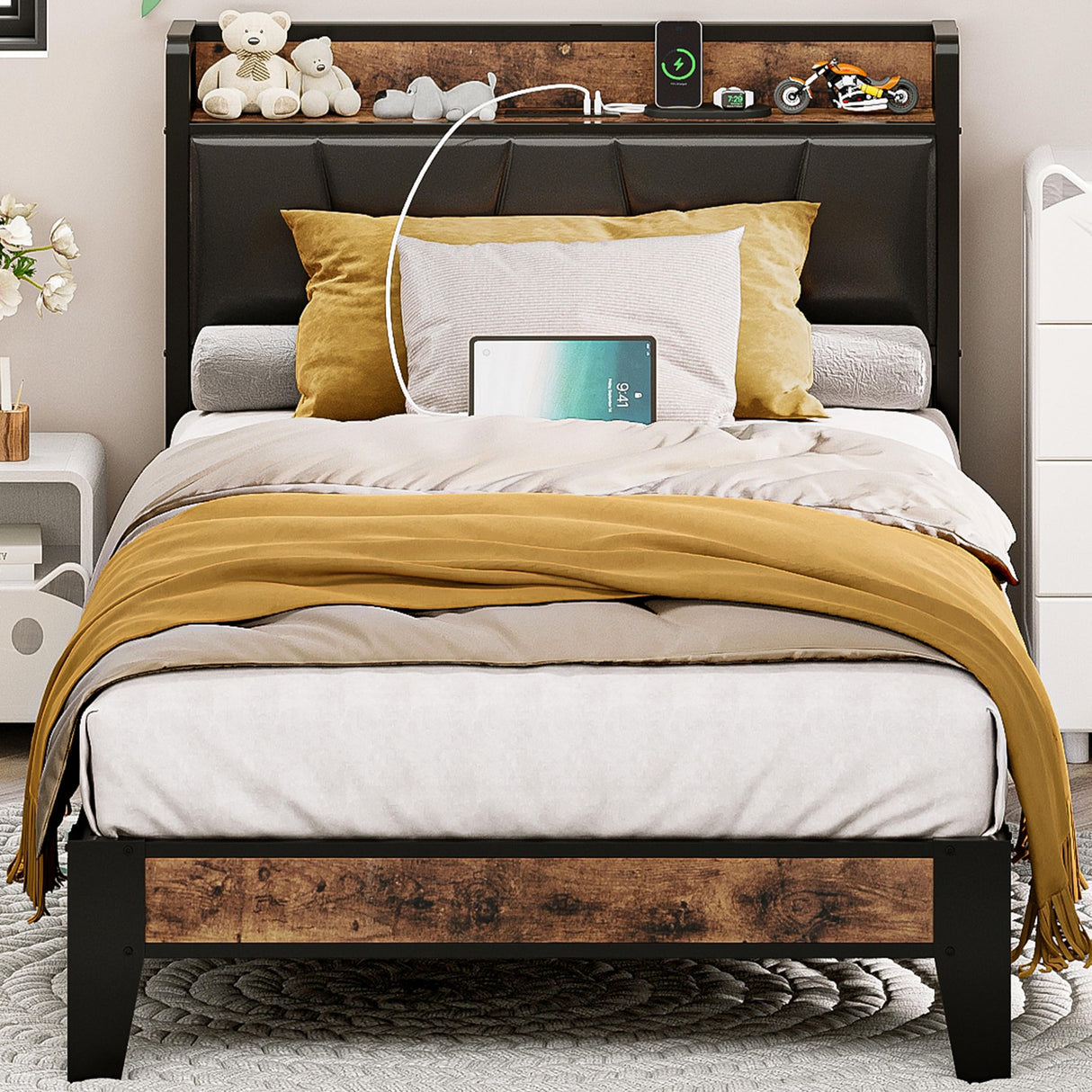 LIKIMIO Vintage Brown and Black Twin Bed Frame with Storage Headboard and Charging Station LIKIMIO
