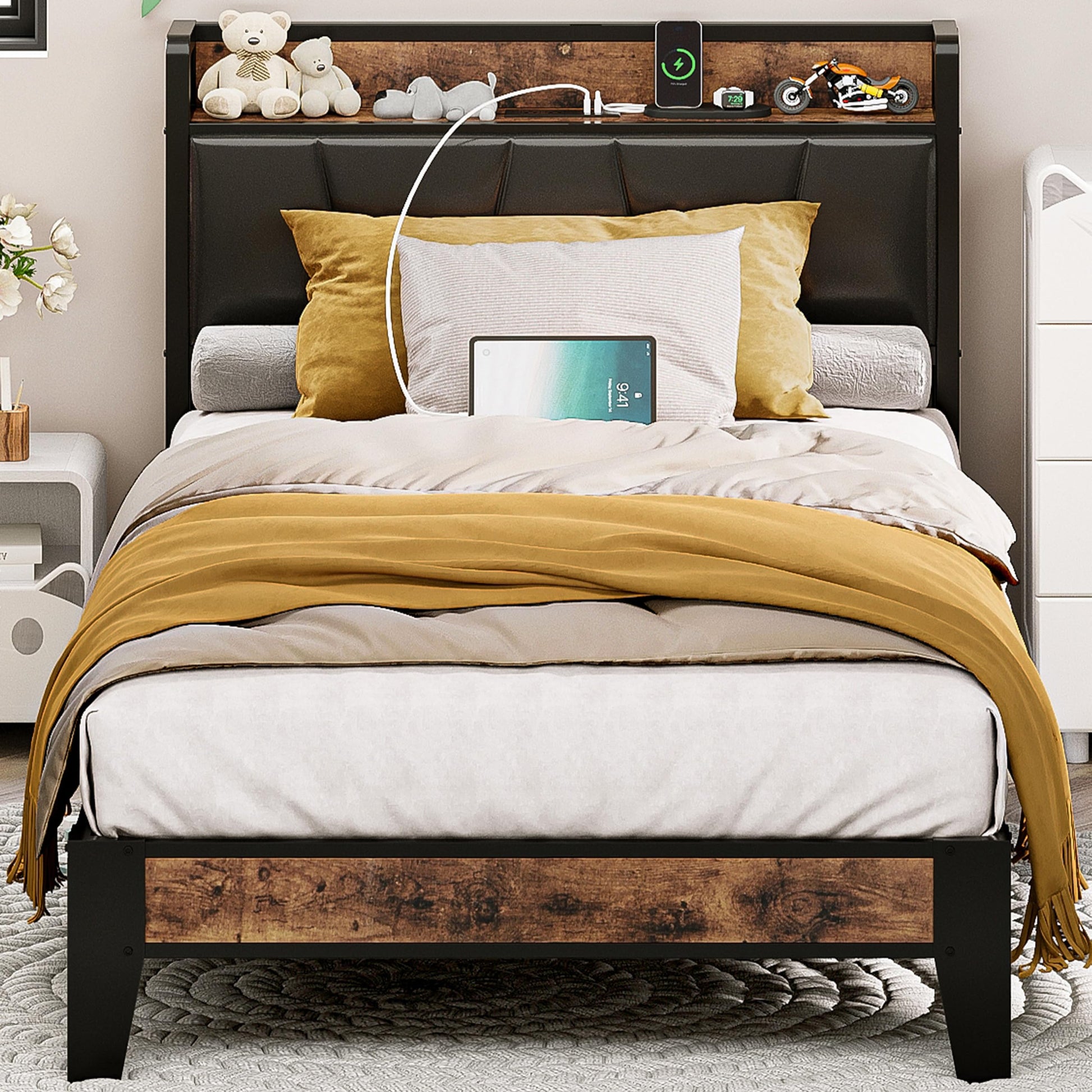 LIKIMIO Vintage Brown and Black Twin Bed Frame with Storage Headboard and Charging Station - WoodArtSupply