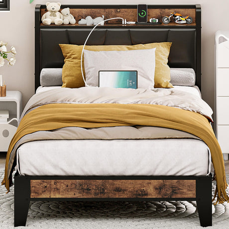 LIKIMIO Vintage Brown and Black Twin Bed Frame with Storage Headboard and Charging Station LIKIMIO
