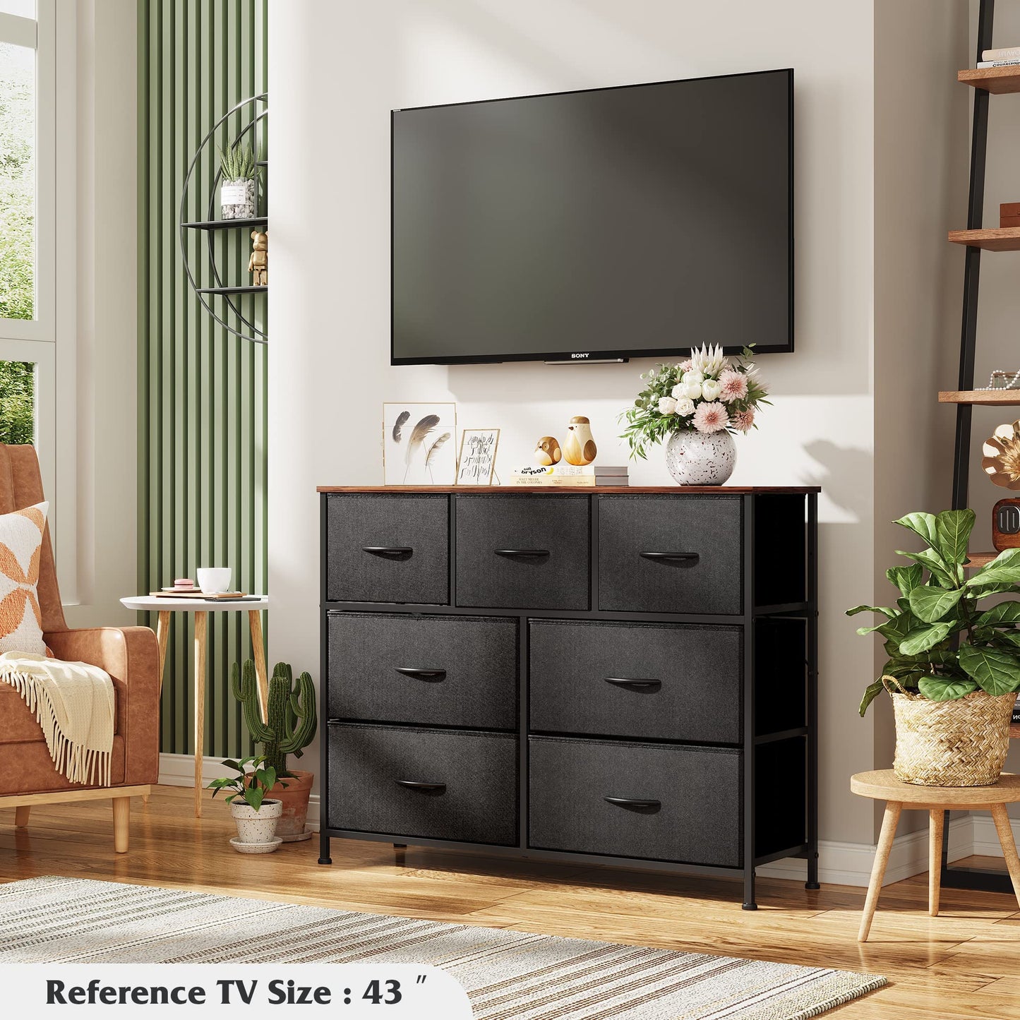 WLIVE Dresser TV Stand, Entertainment Center with Fabric Drawers, Media Console Table with Metal Frame and Wood Top for TV up to 45 inch, Chest of Drawers for Bedroom, Black and Rustic Brown