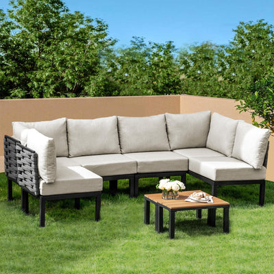 PIZZELLO 8-Piece Outdoor Patio Furniture Set All-Weather Outdoor Conversation Set w/ 6" Ultra Thick Cushions and 2 Coffee Tables, Adjustable Modular Sectional Sofa for Porch, Balcony, Beige