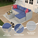 5 Piece Outdoor Patio Furniture Set, Rattan Deck Conversation Sofa Set with Non-Slip Cushions, All-Weather Sectional Sofa with Glass Storage Table and Balcony Footstool, Poolside, Garden, Porch, Gray GAOMON