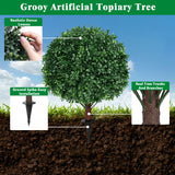 Grooy Artificial Boxwood Topiary Ball Tree with Ground Spike, Set of 2 Artificial Shrub Bushes, Fake Evergreen Tree for Porch, Artificial Plants for Outdoor Planters Indoor UV Resistant Grooy