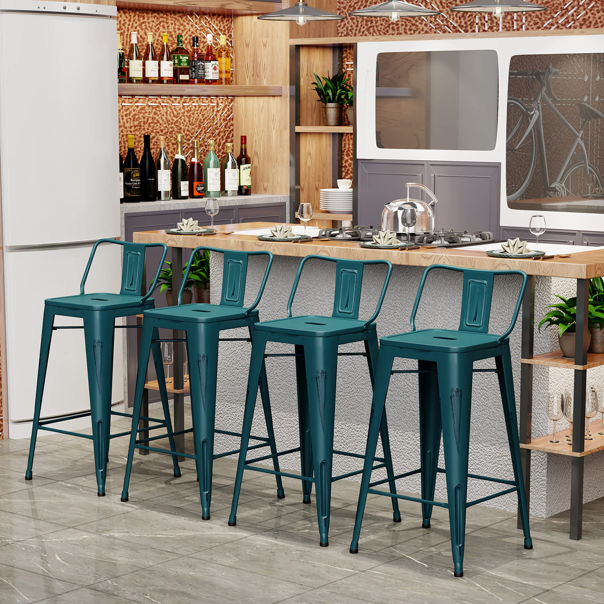 Aklaus Metal Bar Stools Set of 4 Barstools Bar Height Bar Stools with Back Industrial Bar Stool Indoor Outdoor Stools Kitchen Dining Chairs Modern Bar Chairs Distressed Teal Blue 30inch Stools Aklaus