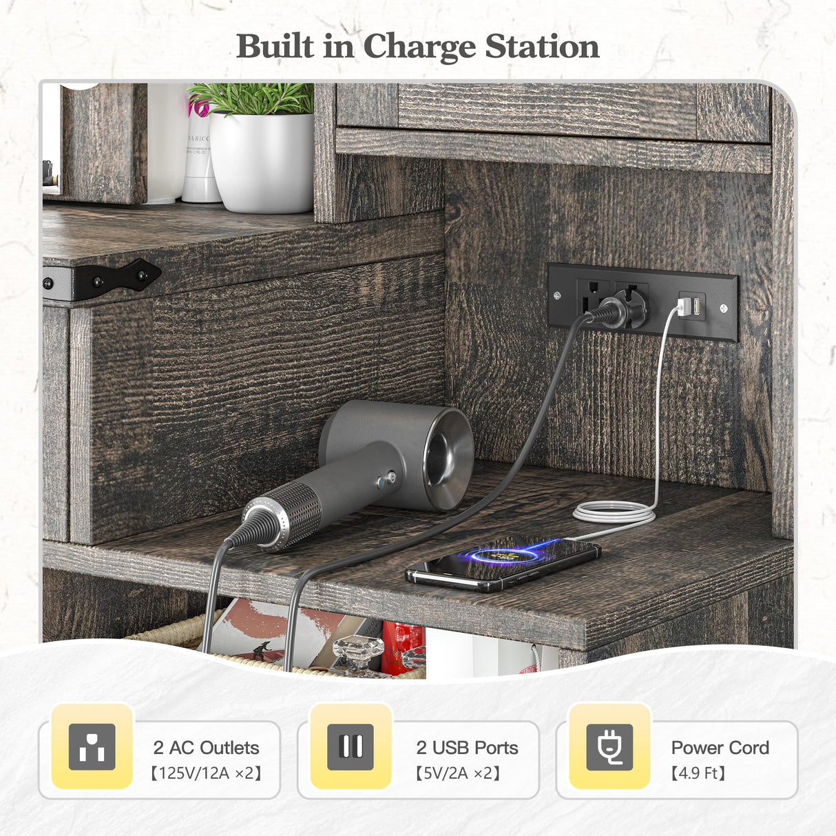 EnHomee 47.2"W Farmhouse Vanity Makeup Vanity Desk with Mirror and Lights,Vanity Table with 4 Drawers & Shelves Big Makeup Desk with Charging Station for Bedroom, Dark Rustic Oak (Stool not Included) EnHomee