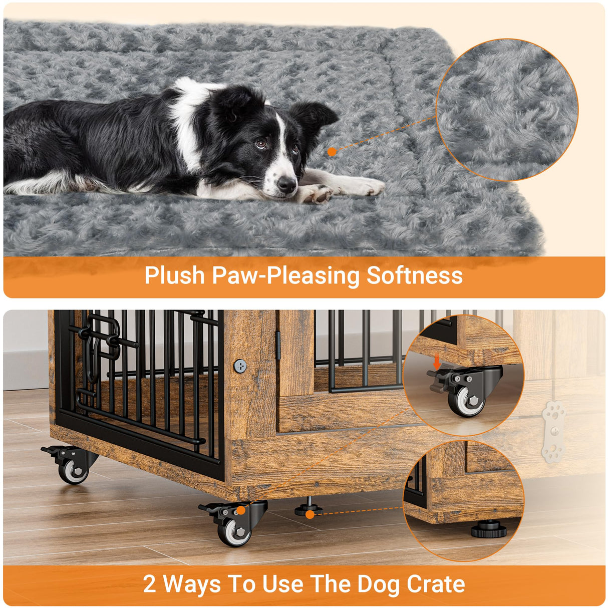 Lulive Dog Crate Furniture, Dog Kennel Indoor Double Doors Wooden Dog Cage, 33'' Heavy Duty Dog Crate with Cushion & Wheels, Decorative End Table Pet House Chew-Resistant for Medium/Small Dog, Brown Lulive