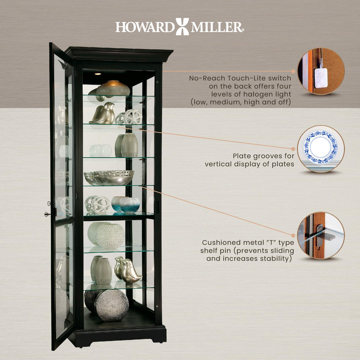 Howard Miller Chesterbrook III Curio Cabinet 680-660 – Black Satin Finish Home Decor, Seven Glass Shelves, Eight Level Display Case, Locking Door, No Reach Light Howard Miller