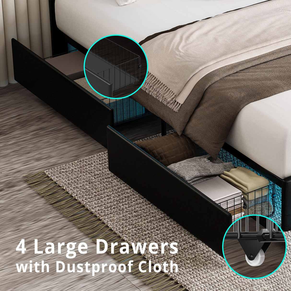 LIKIMIO Black PU Leather Full Size Bed Frame with LED Lights and 4 Storage Drawers LIKIMIO