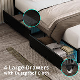 LIKIMIO Black PU Leather Full Size Bed Frame with LED Lights and 4 Storage Drawers LIKIMIO