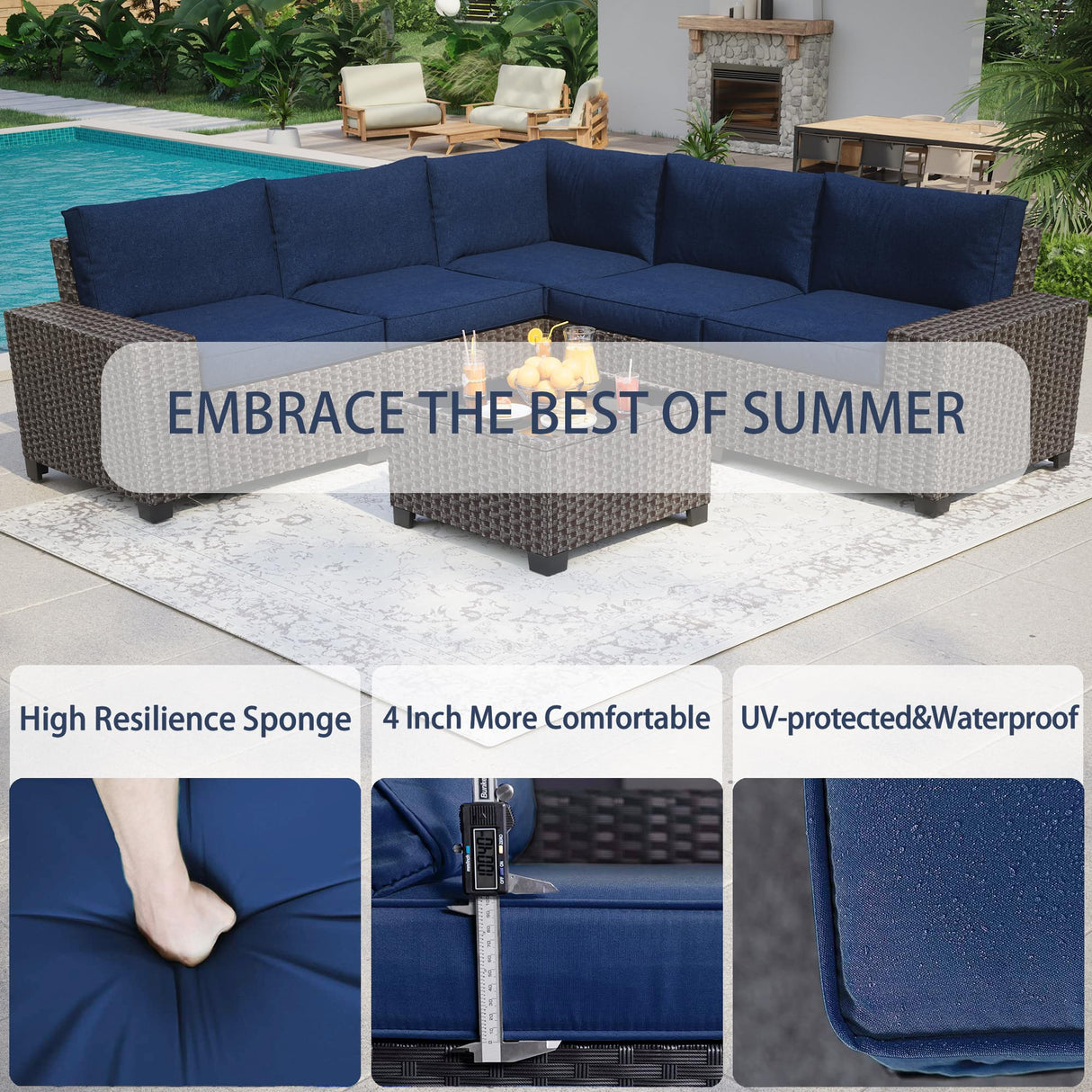 GAOMON 6 Pieces Outdoor Patio Furniture Set, Wicker Patio Conversation Set Sectional Sofa, Brown Patio Sofa with 5 Navy Blue Seat Cushions and 1 Glass Coffee Table GAOMON