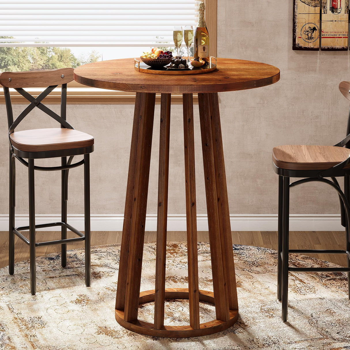 LITTLE TREE Round Bar Table, 37.6 inch H Farmhouse Wooden Bistro Pub Table with Solid Wood Legs, Small Pub Cocktail Tables for Dining, Cafe, Living Room, Apartment, Balcony LITTLE TREE