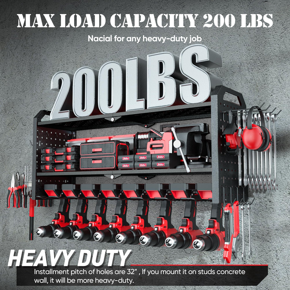 Power Tool Organizer with Charging Station Wall Mount, Built in 8 Outlet Surge Protection Power Strip, Drill Holder Wall Mount, Heavy Duty Metal Power Tool Storage Rack for Garage Organization Black Nacial