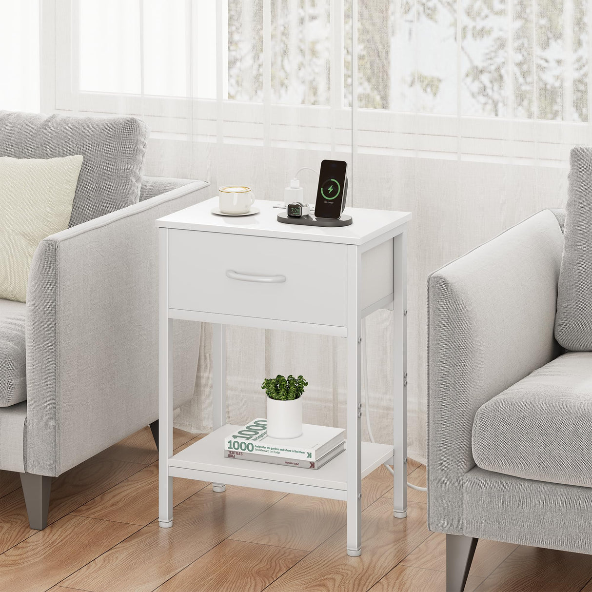 Vagusicc White Nightstand Set of 2 with Charging Station, Bed Side Table with Fabric Drawer, Small End Table with 2-Tier Storage Shelves, 25.4" Tall Bedside Table, Night Stand for Bedroom, Living Room Vagusicc